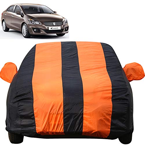 Image of Autofact Car Body Cover for Maruti Ciaz (Mirror Pocket, Premium Fabric, Triple Stiched, Fully Elastic, Orange /Blue Color)
