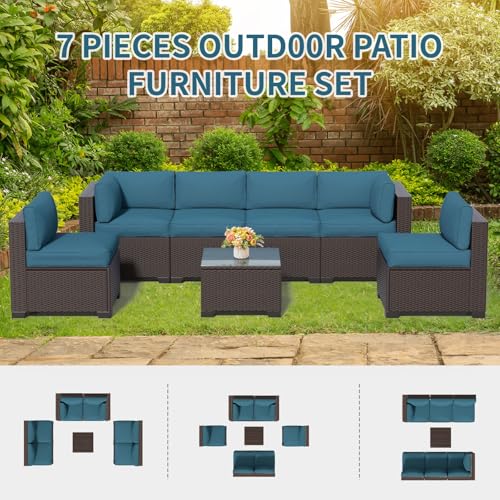 Image of 7 Piece Patio Furniture Set, Wicker Patio Conversation Sets, Outdoor Sectional Furniture with Tempered Glass Table, for Backyard, Deck, Garden, Dark Brown Rattan & Peacock Blue Cushions