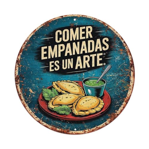 Empanadas Targa artistica con foglie di salsa rotonda, in metallo, vintage, per bar, pub, decorazione da parete, poster in metallo, 20 x 20 cm