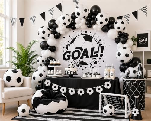 Image of 100pcs 12 inch Soccer Latex Balloons, Black White Soccer Ball Balloon for Boys World Soccer Birthday Anniversary Baby Shower Sports Themed Party Decorations Supplies with Ribbon