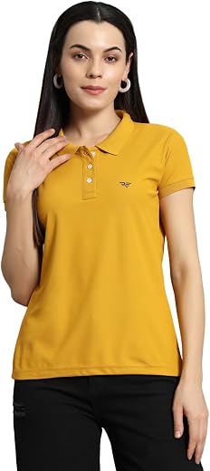 Women Solid Half Sleeves Polo Neck T-shirt-BZR2001-MUSTARD