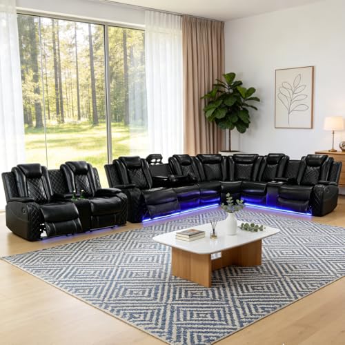Image of Power Reclining Sectional Couch for Living Room - Seats 8 People, Faux Leather Sectional Recliner Living Room Sofa Set with 4 Power Recliners, LED, USB Ports, Cup Holders, Storage, 500 lb /Seat, Black