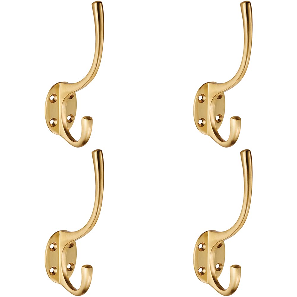 Loops Satin Brass 4 Pack | Victorian Hat & Coat Hook On Oval Backplate - 64Mm Projection - | Cloak Room Hat And Coat Hook - Wall Mounted Cupboard Organizer - Bathroom Robe Hook