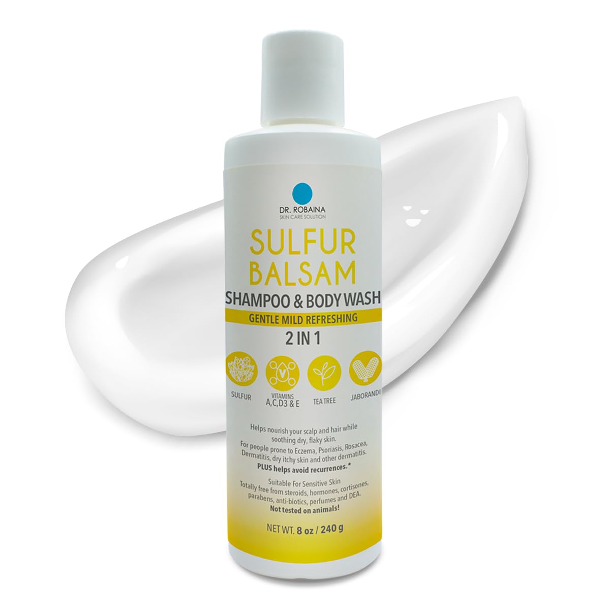 Dr. Robaina Sulfur Balsam Shampoo & Body Wash – Gentle 2-in-1 Cleanser for Seborrheic Dermatitis and Psoriasis Relief – Moisturizes Dry, Itchy Scalp and Skin – Made in the USA (Pack of 1)