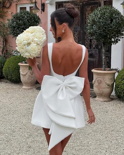 Satin Short Wedding Dresses for Women Beading Backless Bridal Shower Dresses for Bride Detachable Bow Wedding Dress2