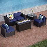 PHI VILLA Patio Furniture Set 6 Pieces Outdoor Sectional Rattan Sofa Set with Gas Fire Pit Table, PE...
