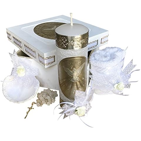 Catholic Baptism Candle Set in a Wooden Box with Towel, Candle, Rosary and Shell for Baby Boys and Girls. Handmade Gift for Godparents. Holy Baptism Spirit Candle Set. Kit de Bautizo. Cover