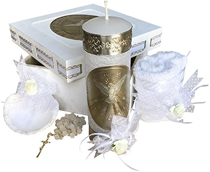 Catholic Baptism Candle Set in a Wooden Box with Towel, Candle, Rosary and Shell for Baby Boys and Girls. Handmade Gift for Godparents. Holy Baptism Spirit Candle Set. Kit de Bautizo.