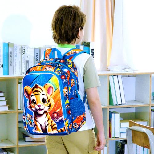 Image of 16 inch Boys Backpack, Kids Bookbag with Lunch Box, 3Pcs Tiger School Backpacks for Elementary Preschool Kindergarten (Blue)