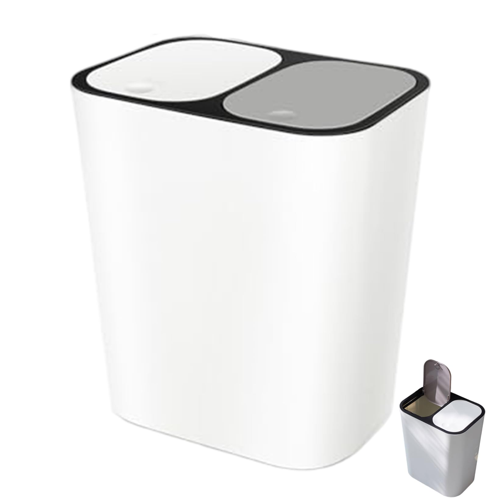 Qoidrfofse 15L Dual Compartment Trash Can, Double Trash Can with Dual Lid for Kitchen Dry & Wet Waste Separation, Soft-Close Silent Lid, White