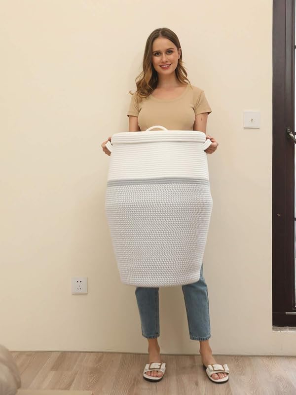 Image of Storage Cotton Rope Basket and Laundry Hamper for Dirty Clothes, Towels, Blankets, Pillows Storage in Living Room, Laundry Room and Bedroom (Grey White With Lid, 15x18 Inch)