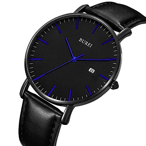 Image of BUREI Men's Fashion Minimalist Wrist Watch Analog Date with Leather Strap