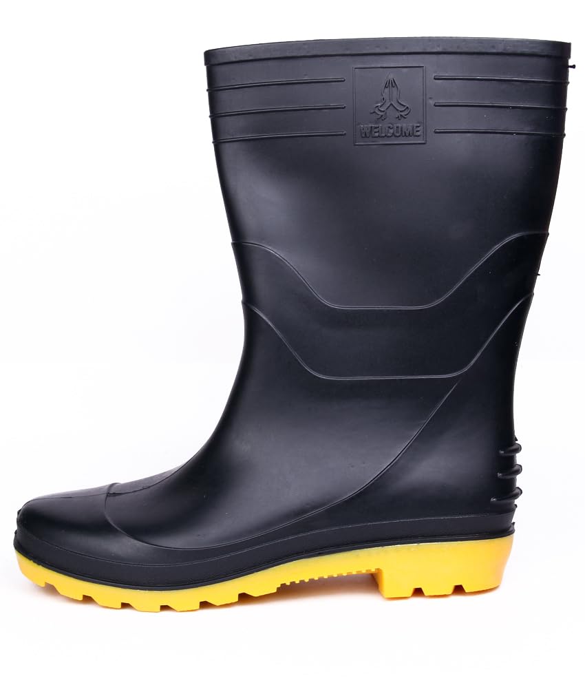 Image of Hillson Welcome Gumboot | Waterproof, Anti-Skid, Comfortable Sole, Black & Yellow, Protection against Oil, Acid, Chemicals | Size 08 INDIA /UK