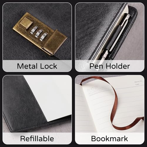Image of Diary with Lock A5 PU Leather 240 Pages, Vintage Lock Journal with Pen & Gift Box, Lockable Diary for Women and Men, 8.6 x 5.8 Inches (Black)