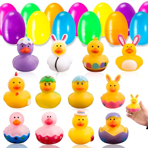 12 PCS Easter Egg Hunt Kit, Easter Eggs Filled with Rubber Ducks Bath Toys Easter Gifts for Kids Toddlers, Pre Filled Easter Eggs for Easter Egg Hunt, Easter Party Favor, Easter Basket Stuffers