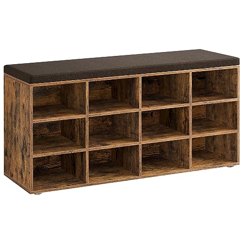 VASAGLE Banc à Chaussures, Organiseur de Chaussures avec 12 Compartiments, Siège Rembourré, pour Entrée, Couloir, Placard, Marron Rustique et Marron...