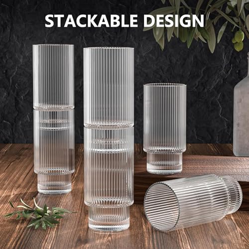 Image of KHOLAD Ribbed Drinking Glasses with Bamboo Lids and Straws, Ribbed Glass Cups, Stackable Glasses, Vintage Water Glasses for Juice, Beer, Coffee, Tea and Cocktail Pack of 1 (Lining)