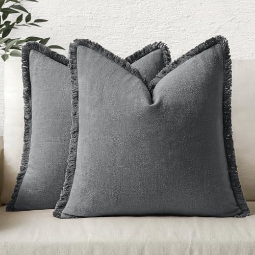 Image of MIULEE Decorative Throw Pillow Covers Neutral Linen Fringe Throw Pillows Euro Shams Set of 2 Dark Grey Boho Farmhouse Cushion Covers for Couch Sofa Bed Living Room Spring Home Decor 24x24 Inch