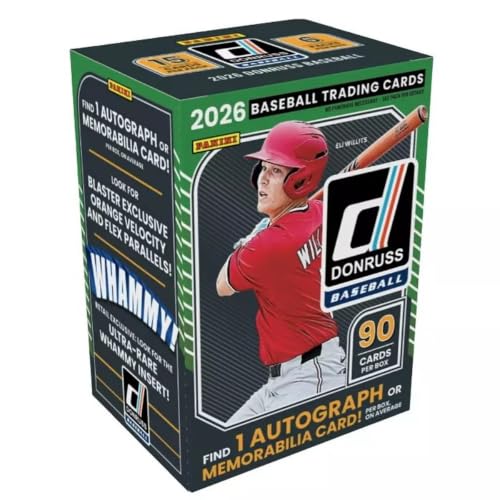 2026 Panini Donruss Baseball Retail Blaster Box | 6 Packs Per Box | 90 Trading Cards | 1 Autograph or Memorabilia Card Per Box on Average | Exclusive Red & Blue Laser Parallels | Factory Sealed