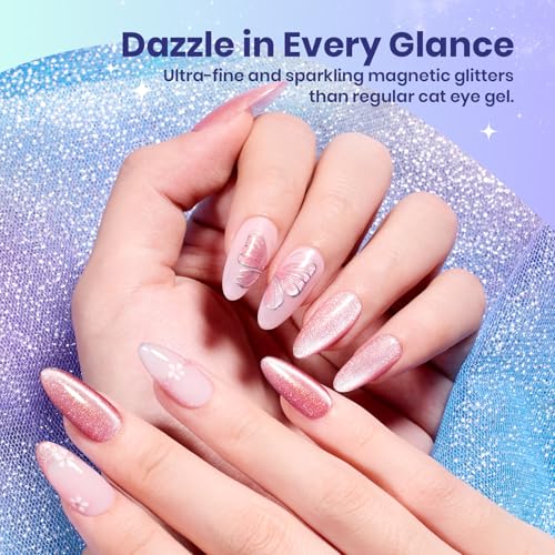 Image of Beetles Romantic Galaxy Cat Eye Gel Nail Polish Set - 6 Colors Glitter Gel Polish Kit Pink Blue Purple Red Green Velvet Gel Magnet Soak Off UV French Nail Art Manicure Spring Summer Gift for Women