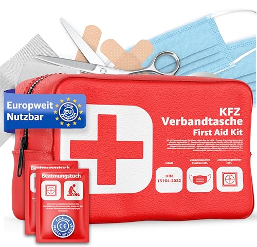 Verbandstasche KFZ Norm 2026 mit Beatmungstücher - Verbandskasten Auto - DIN13164:2022 - Erste Hilfe Set - Verbandskasten StVO konform (Rot)