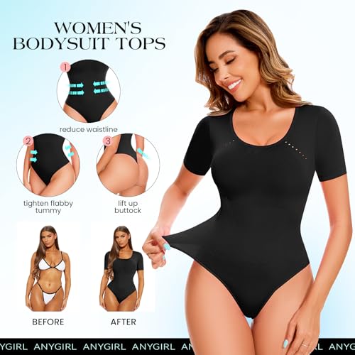 Image of Anygirl Short Sleeve Shapewear Bodysuit for Women Tummy Control Round Neck Body Shaper Seamless Thong Bodysuits T-Shirt Tops