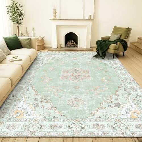 meejou Rug 3x5 with Vintage Floral Printed Pattern Machine Washable Non-Slip Rugs for Living Room and Bedroom Pink