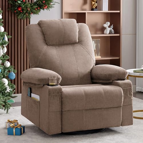 Weture Swivel Rocker Recliner Chair with Heat and Massage, 360 Degree Swivel Rocking Single Sofa with Cup Holders and USB Port, Big Oversized Recliner Chair for Living Room (Fabric, Brown)