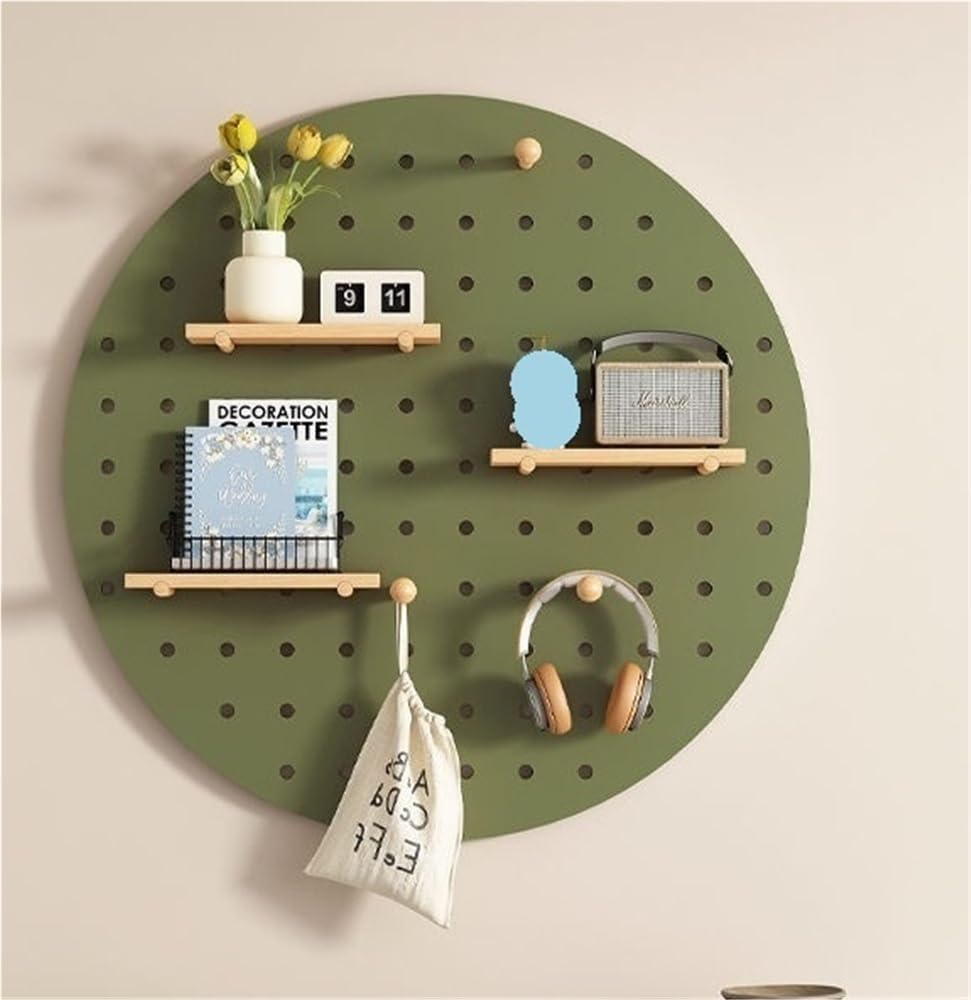 Wall-Mounted Wooden Pegboard Organizer, Peg Board Wall Organizer, Round Display Rack with Shelves & Hooks, Pegboard Shelf Organizer(Green,60cm/23.6in)