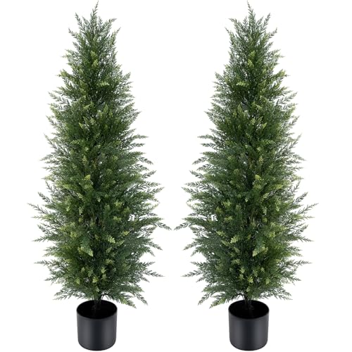 Artificial Cedar Topiary Trees 4FT, Set of 2 – Outdoor Faux Evergreen Trees for Front Porch, Tall Slim Artificial Trees for Front Door, Patio, Garden & Entryway Décor