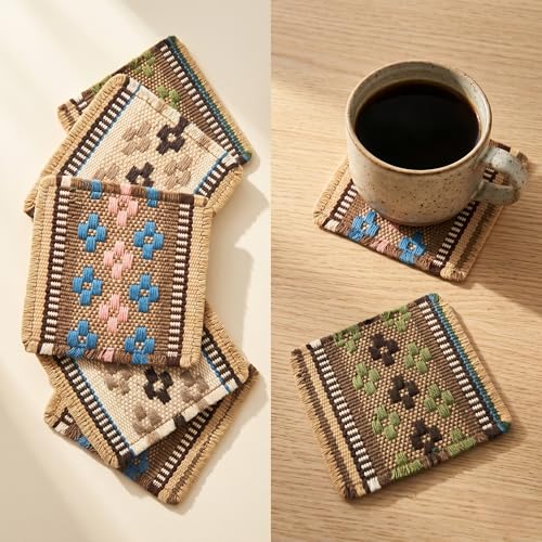 Boho Woven Coasters Set of 6 Absorbent Drink Coasters for Coffee Table Rustic Farmhouse Table Decor Southwestern Aesthetic Handmade Style Housewarming Gift