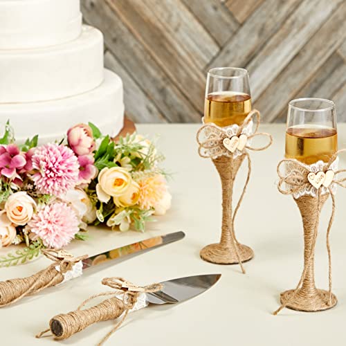 4 Piece Rustic Wedding Cake Knife And Server Set With Champagne Glasses For Bride And Groom, Jute Handles, Wood Heart And Burlap Lace Design, Farmhouse, Country Theme Reception Supplies #TOP2