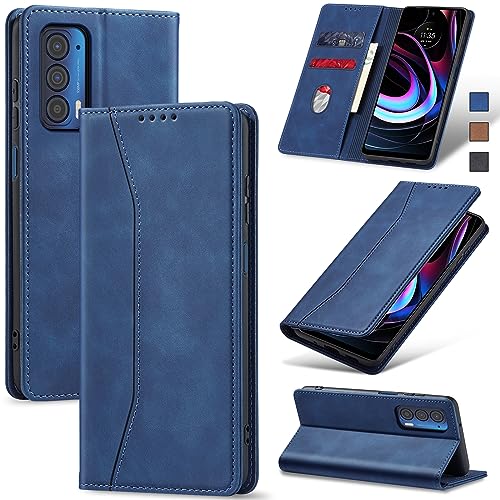 Image of Jasonyu Flip Wallet Case for Motorola Edge 5G UW /Moto Edge (2021),Leather Magnetic Folio Cover with Card Holder,Kickstand - TPU Shockproof Durable Protective Phone Case,Blue