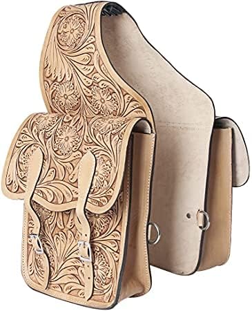 Horse Saddle Bag Cowhide Genuine Leather Western Equestrian Trail Tooling Carving Horse Saddle Bag Tooled Carved Pack Equipment Horse Saddle Bags Size: 10” L x 10” W x 3 ½” D inches, CRVD82