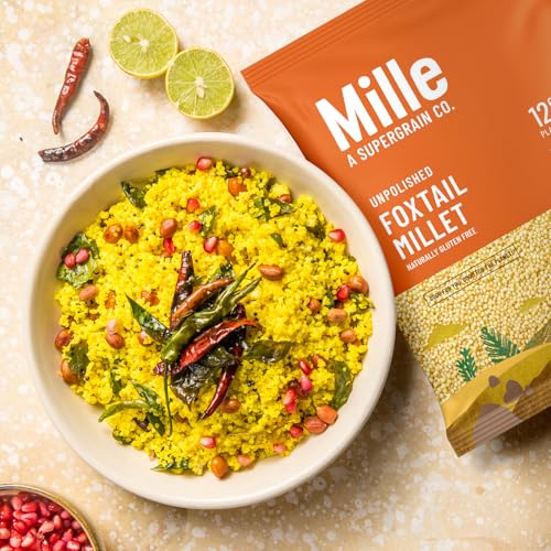 Image of Mille Foxtail Millet Whole Grain | Certified Low GI | Rice Replacement | High Fibre and Plant Protein | Gluten Free | Cooks in 10 minutes | Can be used to cook Biryani, Lemon Puliyogare | Unpolished, Toasted, No Soaking Required | Kangni /Kakum /Navani /Korralu /Korra /Thinai, 500g
