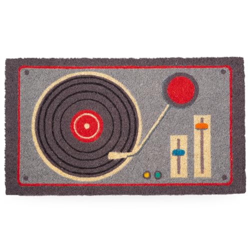 Fisura – Felpudo Entrada casa “Tocadiscos” de Coco con Base Antideslizante de PVC. Felpudo Interior Gris Pintado a Mano. Alfombra Entrada casa con Forma Divertida. 70 x 40 cm