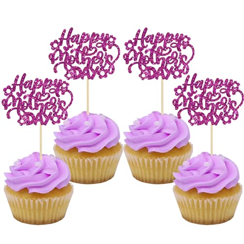 Gyufise 24Pcs Happy Mothers Day Cupcake Toppers Mom Cupcake Picks Love Mum Cake Decoration Party Supplies for Mother's Day Party Decorations Supply Purple Glitter