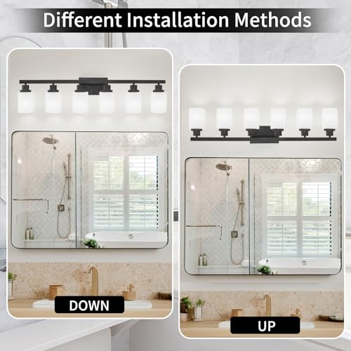 Image of 6-Light Black Vanity Lights 36.8in Bathroom Vanity Light for Mirror | White Frosted Ribbed Glass Shade Matte Bathroom Lighting Fixtures Black Wall Sconces for Bedroom Living Room E26 Base