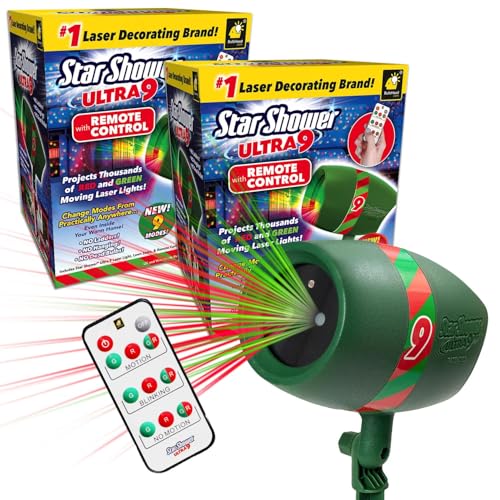 Image of Star Shower Ultra 9 Outdoor Laser Holiday Projector with Remote, 2 Pack, AS SEEN ON TV, New 2024 Model w/ 9 Unique Patterns, Showers Home w/Thousands of Lights, 3 Color Combinations, Up to 3200 Sq Ft
