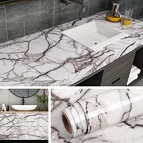 Image of HOME13 Marble Wallpaper Peel & Stick Contact Paper Self Adhesive Decorative Removable Waterproof Wallpaper for Kitchen Cabinet and Furniture Countertops (24 X 80 INCH, Black & White Marble)