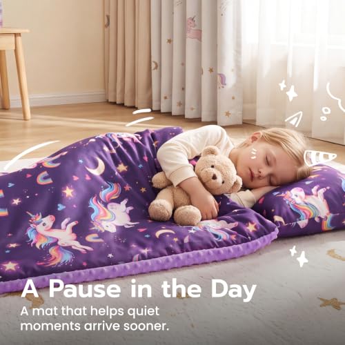 Image of JOIEDOMI Toddler Nap Mat with Removable Pillow and Minky Blanket 55''x30'' Kids Sleeping Bag for Boys and Girls Ages 3-6 Roll Up Soft Nap Mats for Preschool Kindergarten Daycare Sleepover