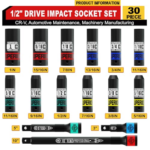 Image of 30 Piece 1 /2 inch Drive Impact Socket Set, SAE (5 /16 inch- 1 inch) and Metric (10mm-24mm) Deep Socket, Including Impact Extension Bar 3 inch, 5 inch, 10 inch, CR-V, Automotive Maintenance, Machinery Manufacturing
