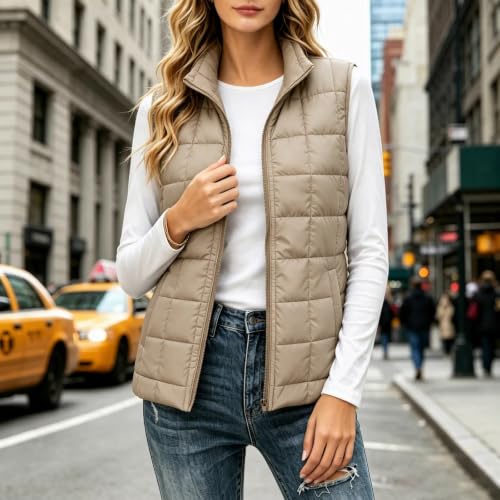 XOGWVJ Puffer Vest Women Lightweight Quilted Sleeveless Jacket Stand Collar Zip Up Warm Fall Winter Casual Outerwear Coat Women's Vests Dressy Casual Khaki S - image 2
