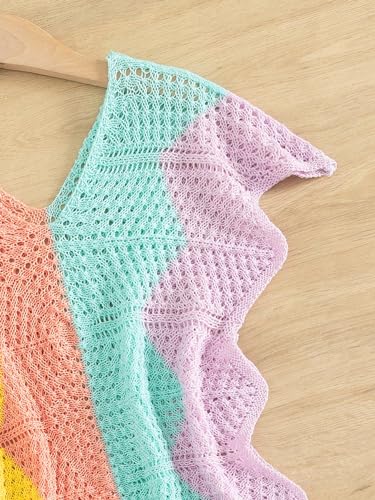 WDIRARA Girl's Crochet Cover Up Color Block Short Sleeve V Neck Beach Swimsuit Coverups3