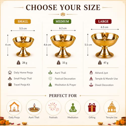 Image of Tia Crafts Akhand Diya Decorative Brass Diya for Pooja Plate, Brass Niranjan Diya, Brass Oil Lamp for Mandir, Daily Pooja & Festivals | Size - Medium