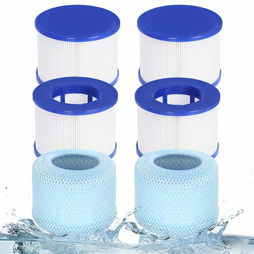 Hot Tub Filter Cartridges with Protective Mesh Covers – Compatible with RELXTIME, ALEKO, Wejoy, Aquaspa Inflatable Spas – 3.9" x 3.1" Screw-in Replacement Filters & Filter Socks (4 filters + 2bags)