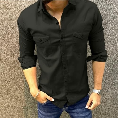 Image of BADLAND Men's Double Pocket Solid Cotton Regular Fit Casual Shirt with Spread Collar and Full Sleeves||Double Pocket Shirt for Men|| Shirt for Men||Plain Shirt for Men