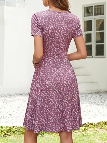 Image of MSBASIC Womens Summer Wrap V Neck Casual Dresses Floral Short Sleeve A-Line Midi Sundress