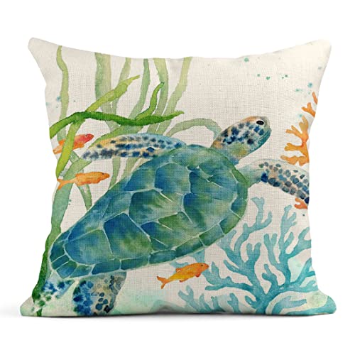 Lokmu Set Of 4 Throw Pillow Covers Watercolor Sea Life Blue Crab Seahorse Turtle Square Linen Home Decorative Cushion Covers Pillowcases For Outdoor Bed Sofa Bar Wedding Couch Family 18X18 Inches #TOP4