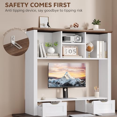 Image of Desk Shelf with Computer Monitor Stand, 37.4''W Desktop Bookshelf Display Rack, Desktop Organizer Storage Rack with Cubbies & Drawers, 5-Tier Hutch for Home, Office, Dorm, Vanity, White&Brown